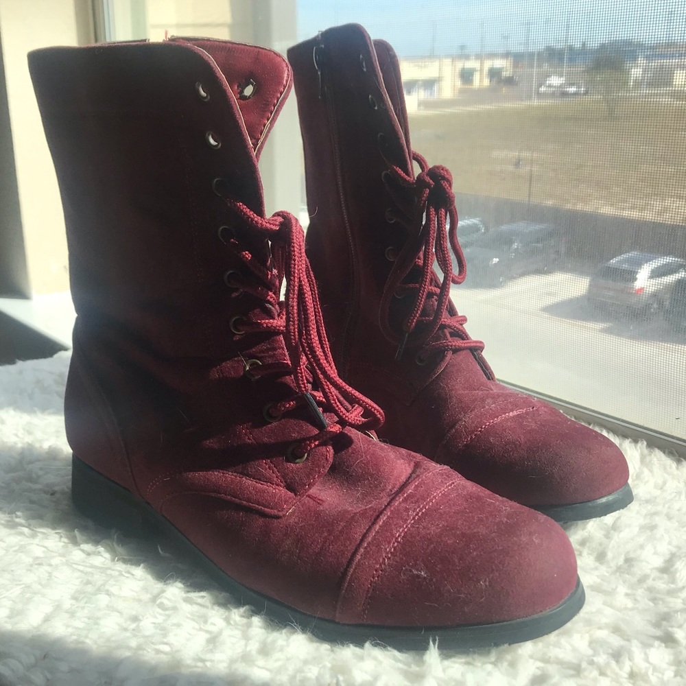 Red Faux Suede Combat Style Boots